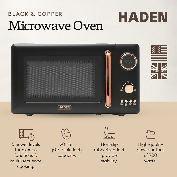 Haden 700 Watt 0.7 Cubic Foot Microwave Oven with Digital Controls, Black/Copper