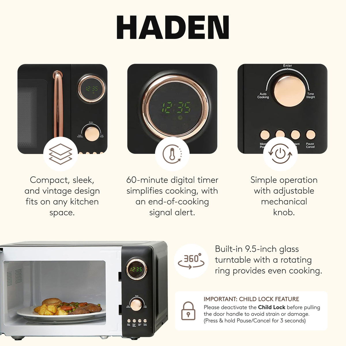 Haden 700 Watt .7 Cubic Foot Microwave w/Digital Controls,Black/Copper(Open Box) - VMInnovations