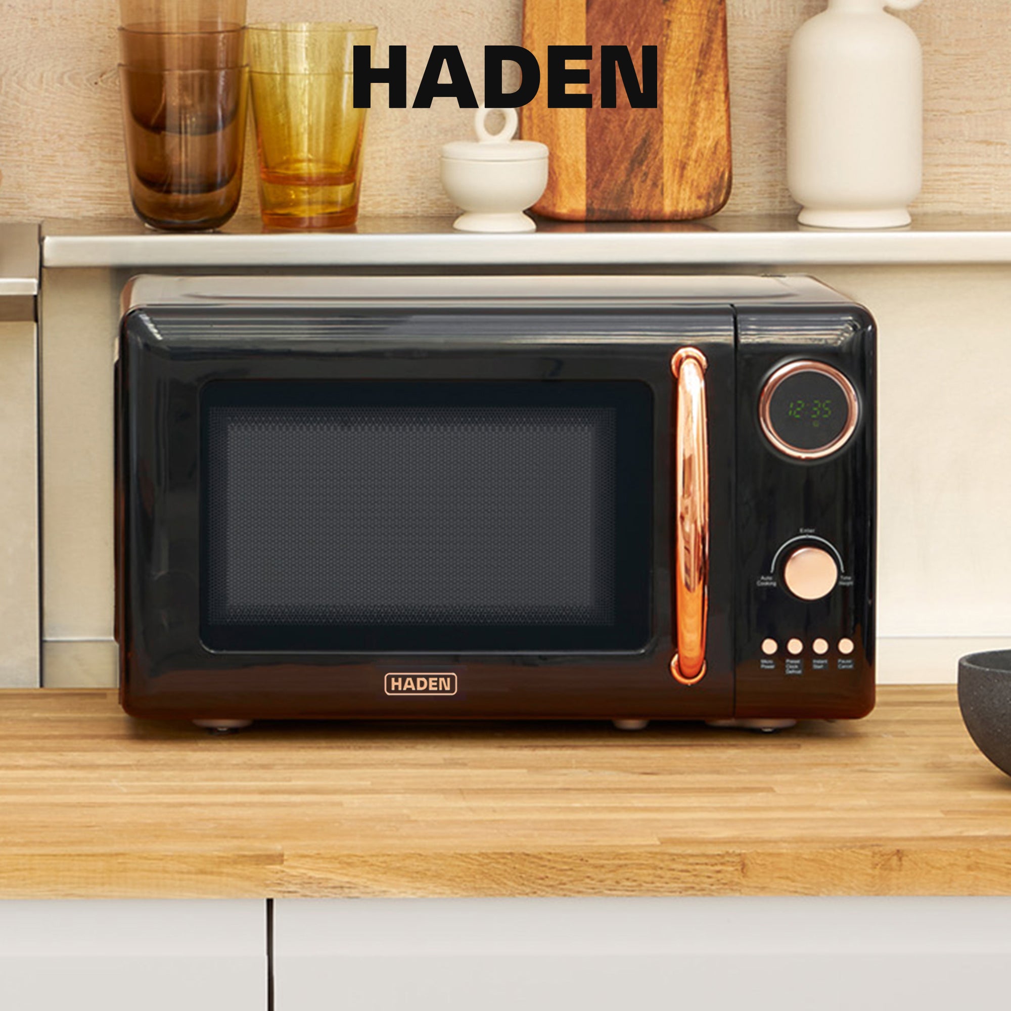 Haden 700 Watt 0.7 Cubic Foot Microwave Oven with Digital Controls, Black/Copper - VMInnovations