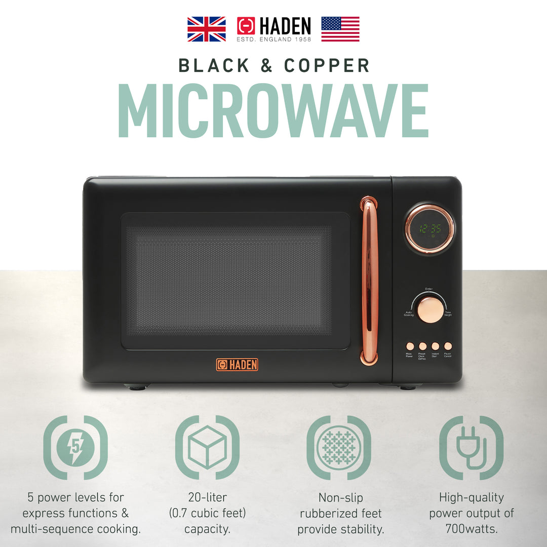 Haden 700 Watt 0.7 Cubic Foot Microwave w/ Digital Controls, Black/Copper (Used)