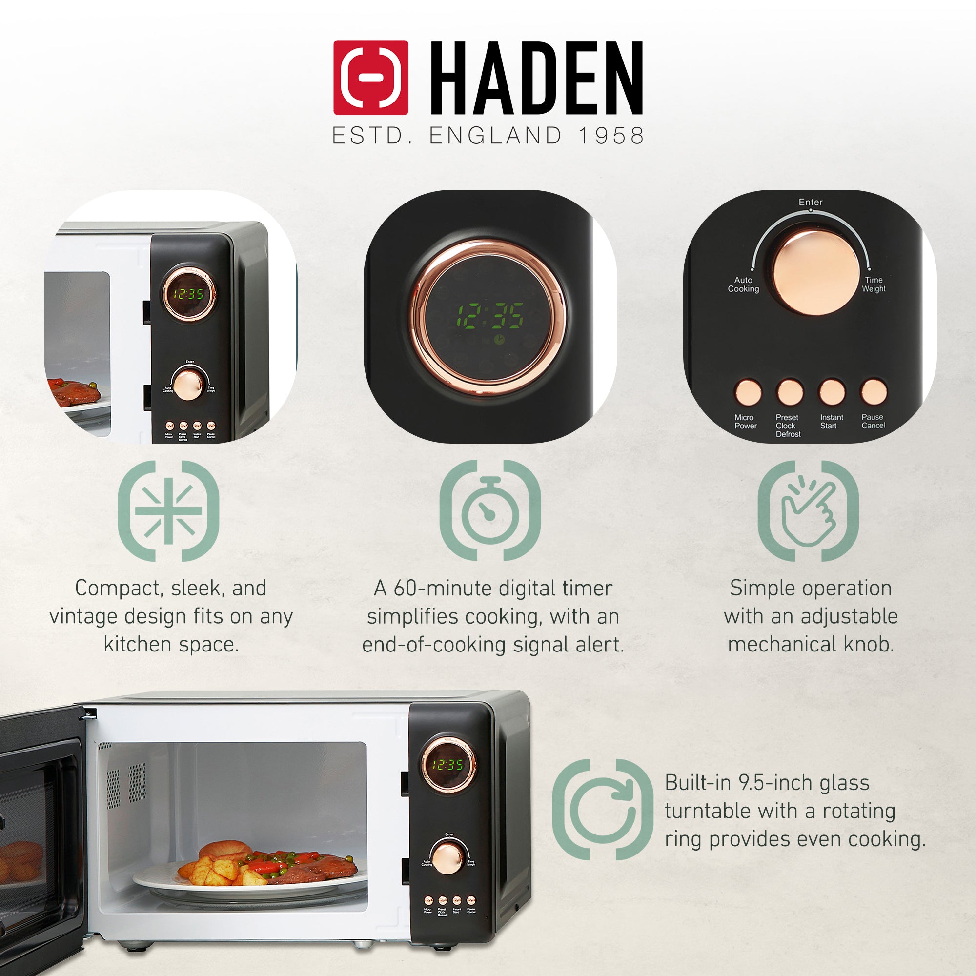 Haden 700 Watt .7 Cubic Foot Microwave w/Digital Controls,Black/Copper(Open Box) - VMInnovations