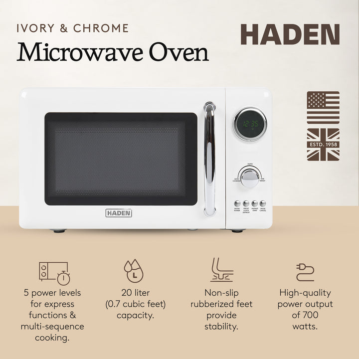 Haden 700 Watt 0.7 Cubic Foot Microwave Oven with Digital Controls, Ivory/Chrome