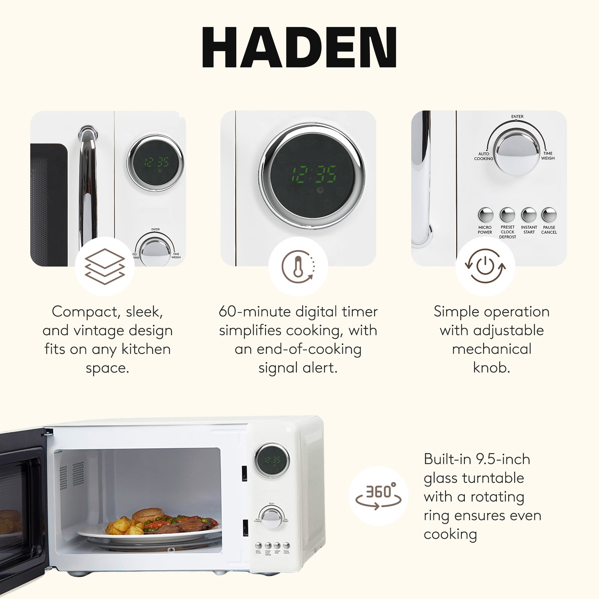 Haden 700 Watt 0.7 Cubic Foot Microwave Oven with Digital Controls, Ivory/Chrome - VMInnovations