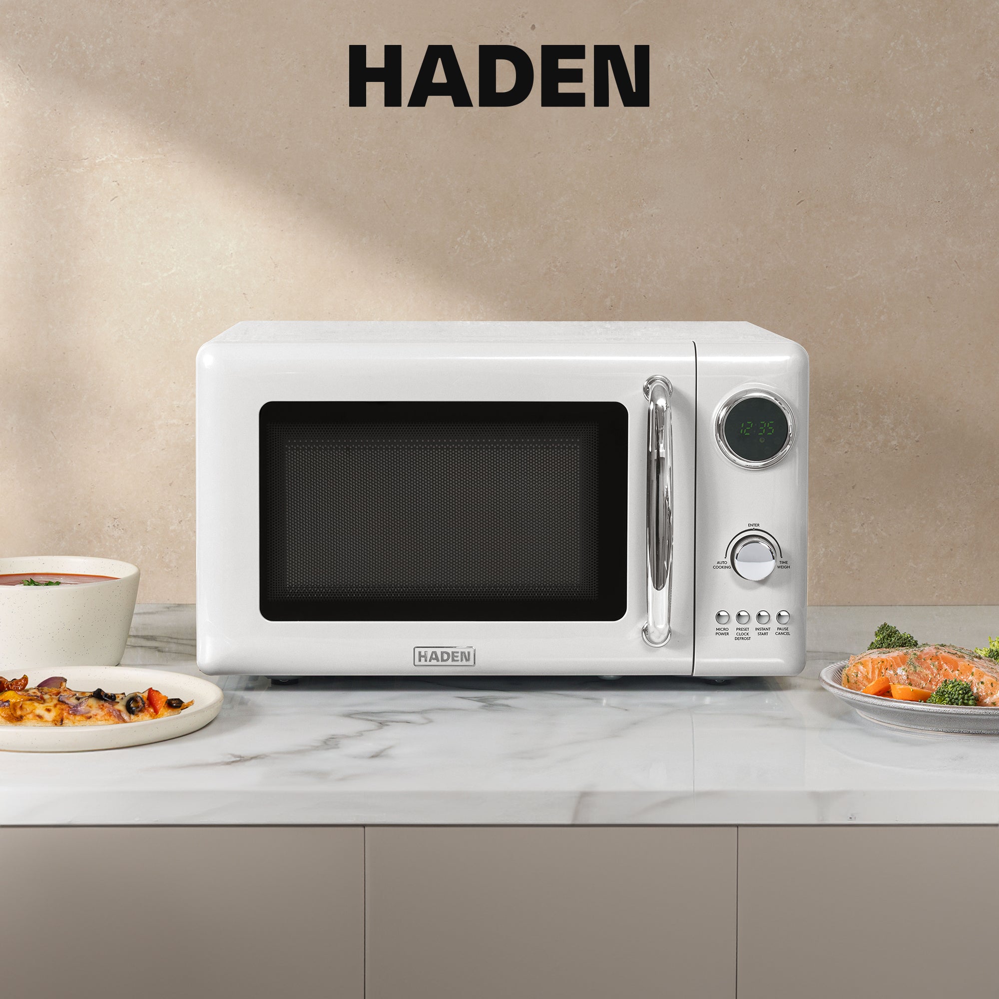 Haden 700 Watt 0.7 Cubic Foot Microwave Oven with Digital Controls, Ivory/Chrome - VMInnovations