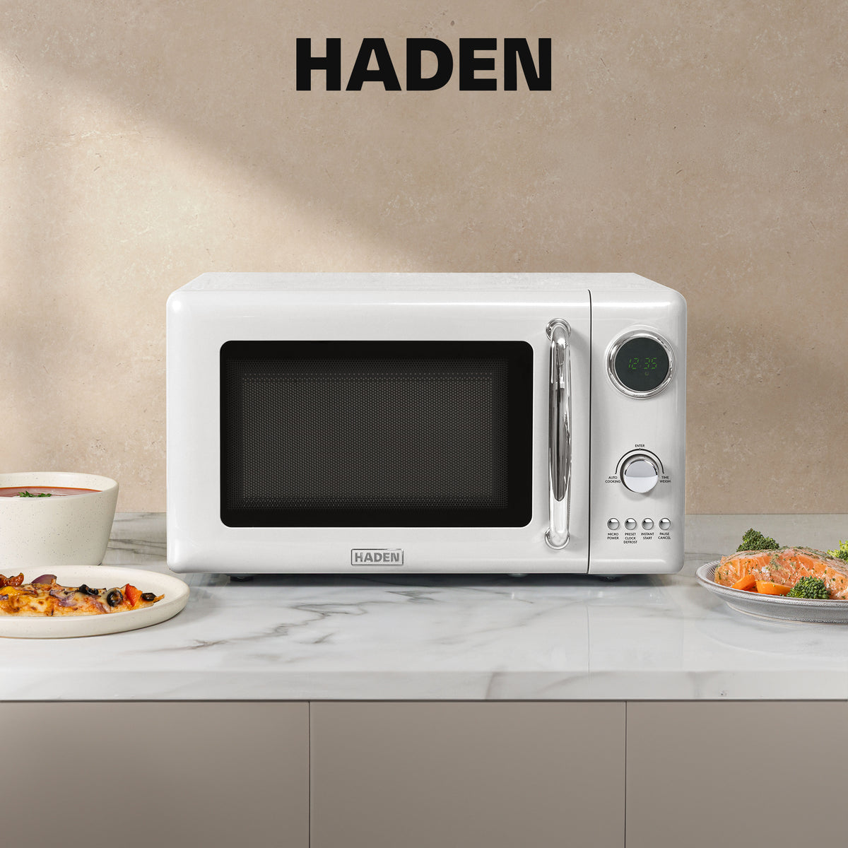 Haden 700 Watt 0.7 Cubic Ft Microwave w/Digital Controls, Ivory/Chrome(Open Box) - VMInnovations