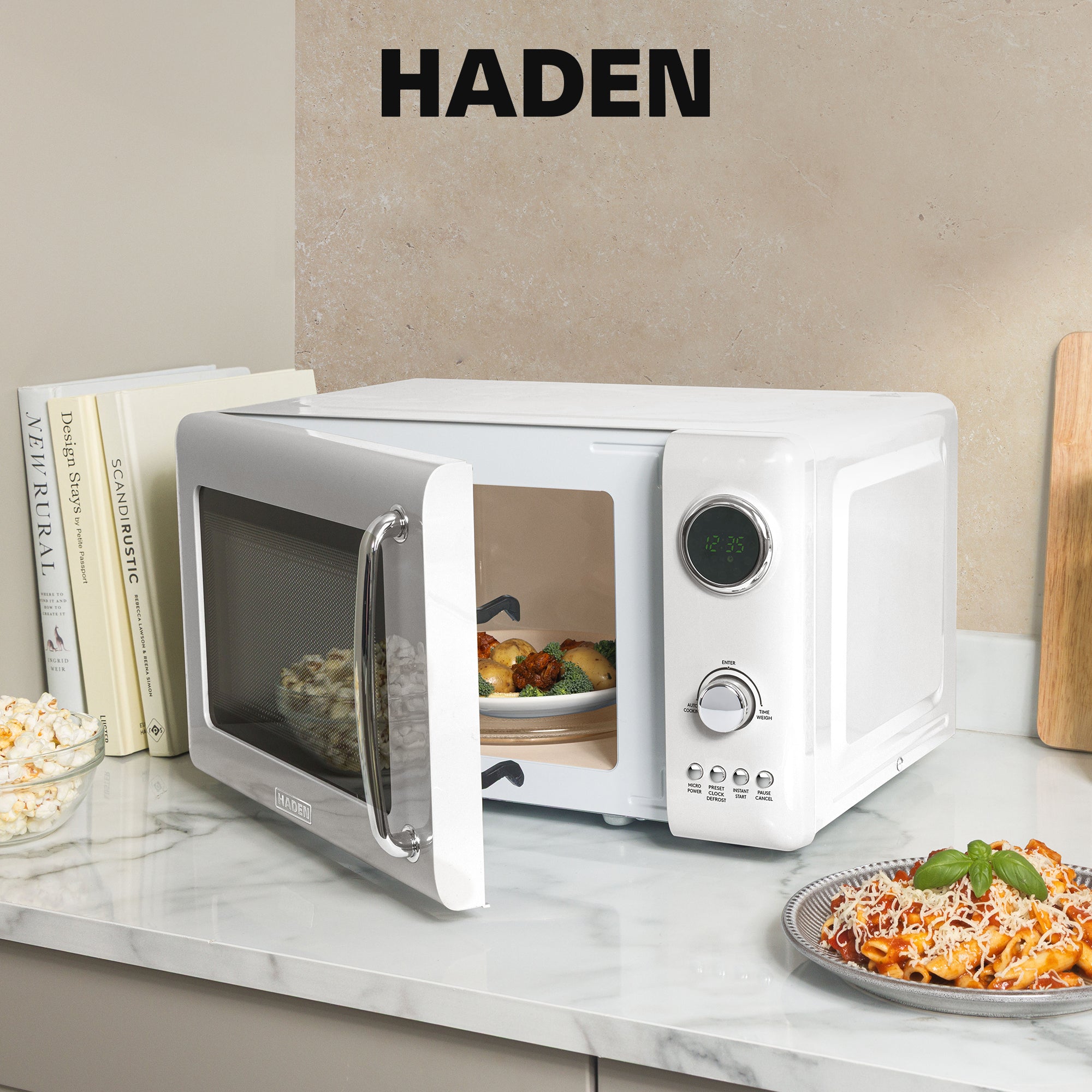 Haden 700 Watt 0.7 Cubic Foot Microwave Oven with Digital Controls, Ivory/Chrome - VMInnovations