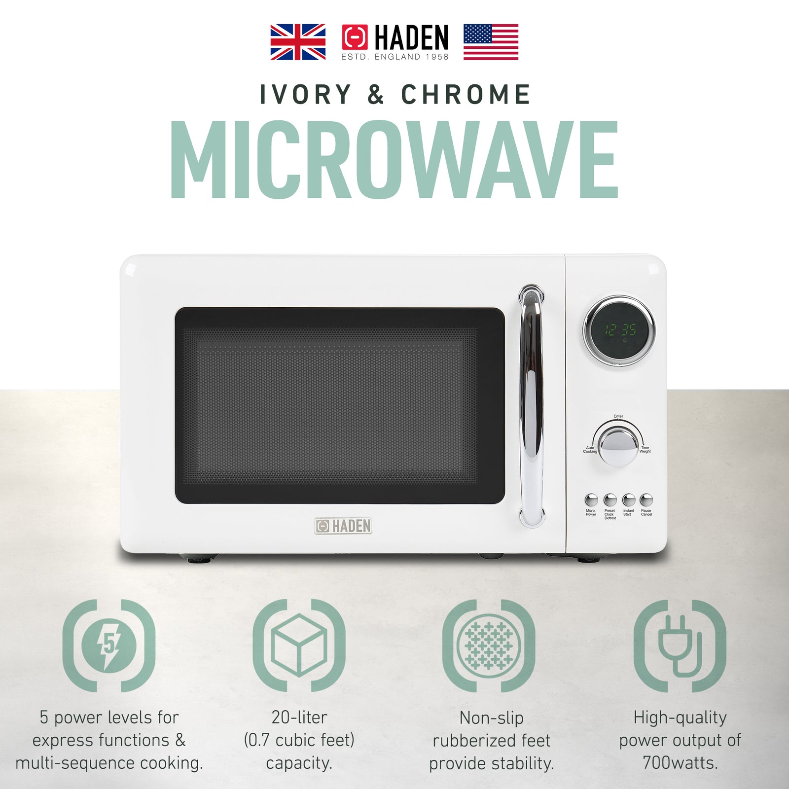 Haden 700 Watt 0.7 Cubic Foot Microwave Oven with Digital Controls, Ivory/Chrome - VMInnovations