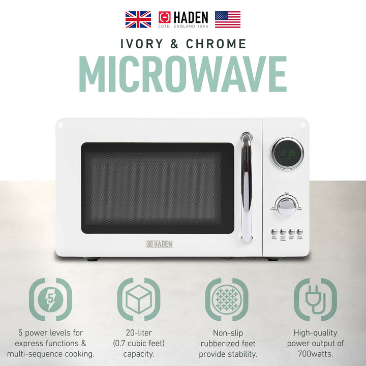 Haden 700 Watt 0.7 Cubic Ft Microwave w/Digital Controls, Ivory/Chrome(Open Box)