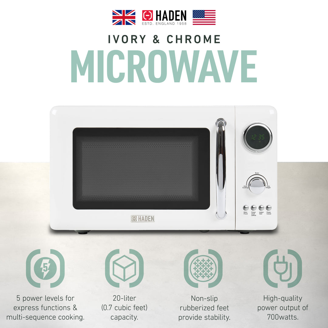 Haden 700 Watt 0.7 Cubic Foot Microwave Oven with Digital Controls, Ivory/Chrome