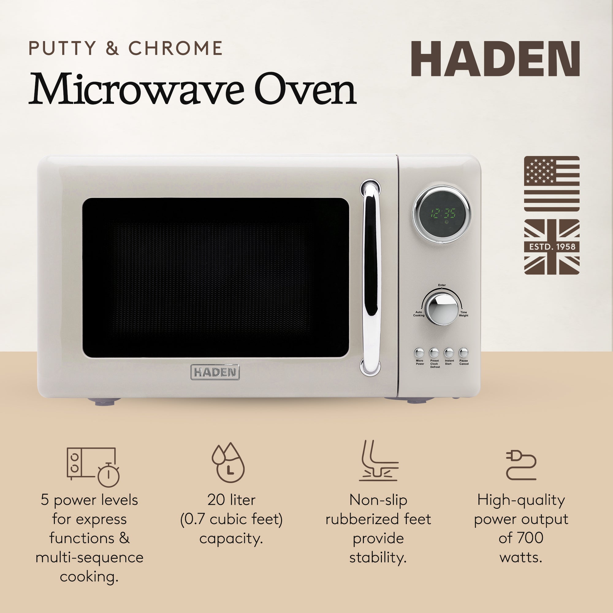 Haden 700 Watt 0.7 Cubic Foot Microwave w/Digital Controls, Putty/Chrome (Used)