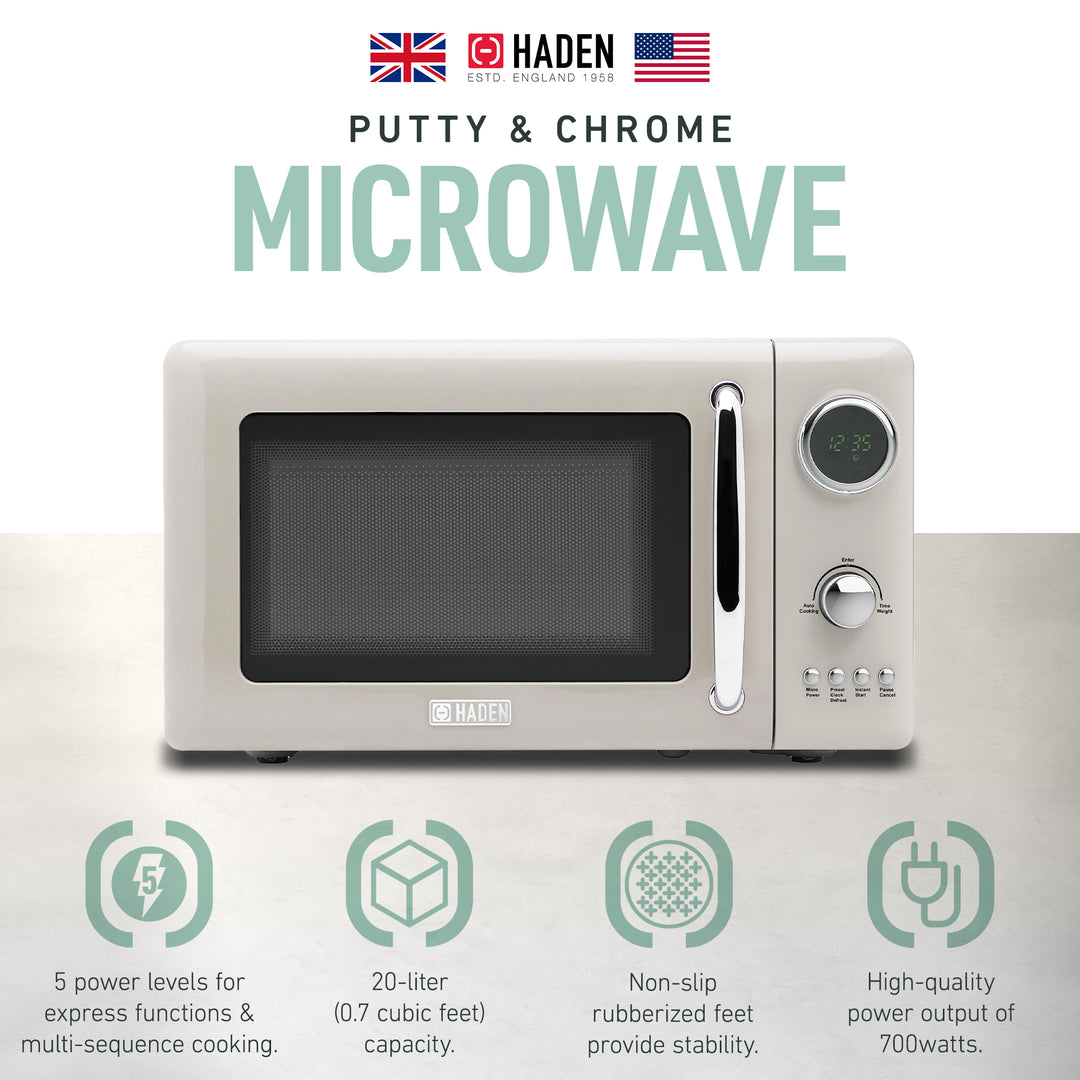 Haden 700 Watt Microwave Oven w/Digital Controls, Putty/Chrome (Open Box)