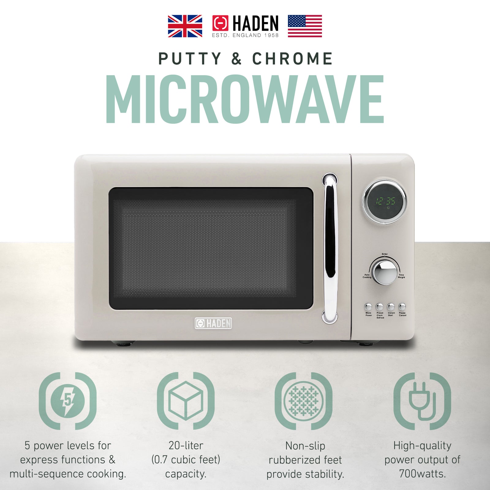 Haden 700 Watt 0.7 Cubic Foot Microwave Oven with Digital Controls, Putty/Chrome - VMInnovations