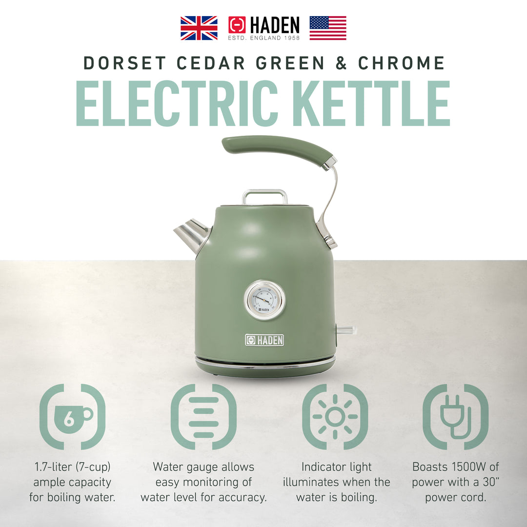 Haden Dorset 1.7 Liter Electric Water Kettle with 360-Degree Base, Cedar Green