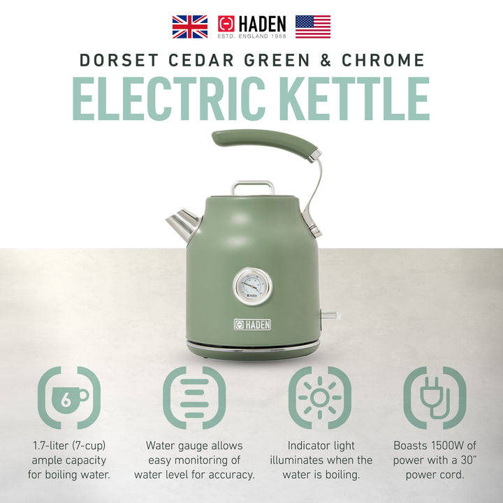 Haden Dorset 1.7 Liter Electric Water Kettle with 360-Degree Base, Cedar Green