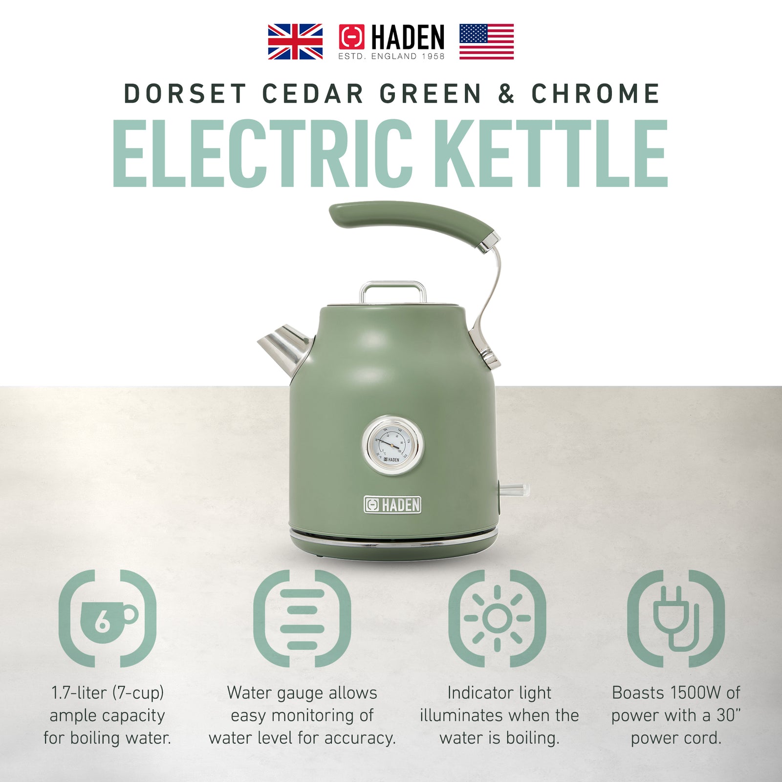 Haden Dorset 1.7 Liter Electric Water Kettle w/360-Degree Base,Cedar Green(Used) - VMInnovations