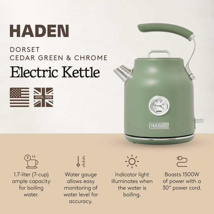 Haden Dorset 1.7L Electric Water Kettle w/360-Degree Base, Cedar Green(Open Box)