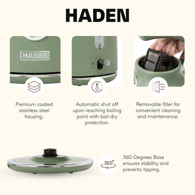 Haden Dorset 1.7 Liter Electric Water Kettle with 360-Degree Base, Cedar Green - VMInnovations