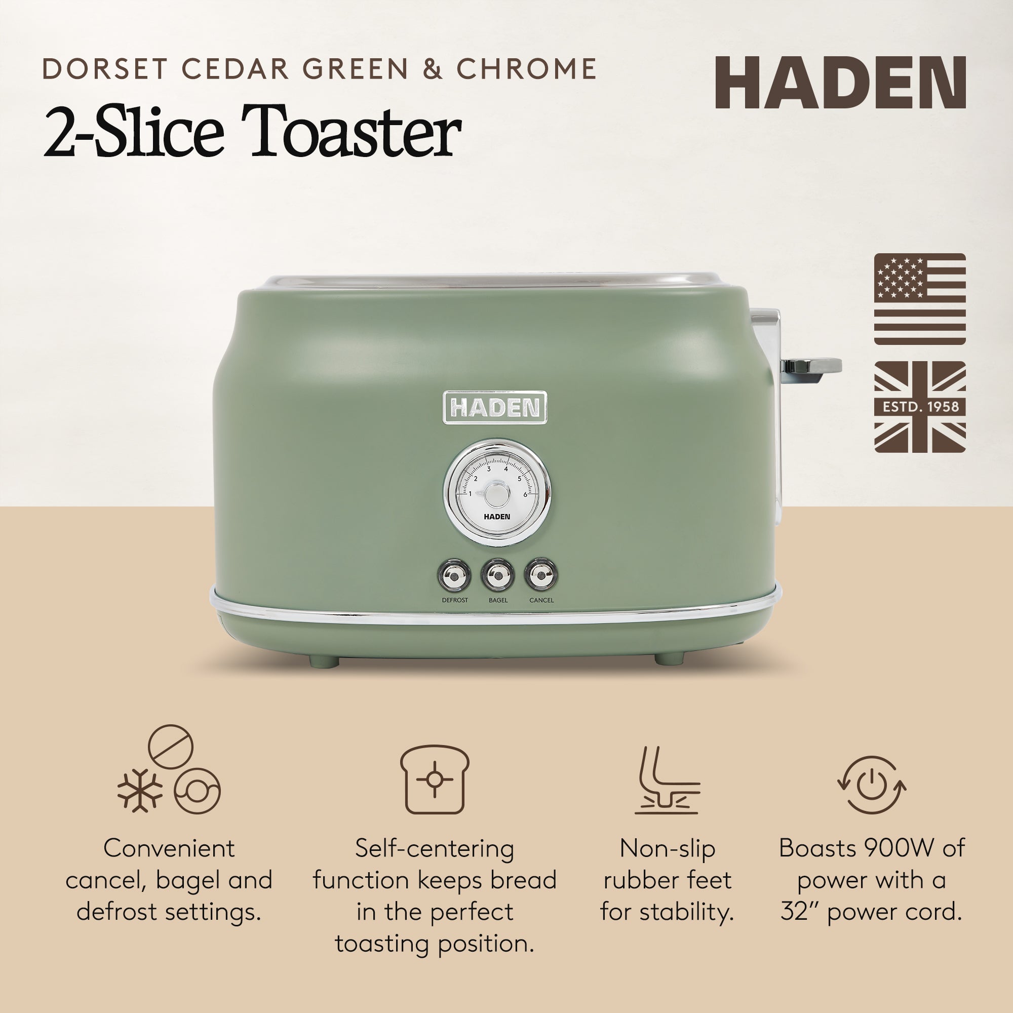 Haden Dorset 2 Slice Wide Slot Stainless Steel Toaster, Cedar Green & Chrome - VMInnovations