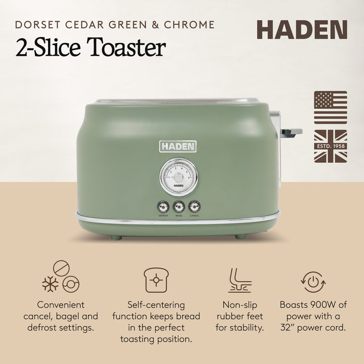 Haden Dorset 2 Slice Wide Slot Stainless Steel Toaster, Cedar Green & Chrome