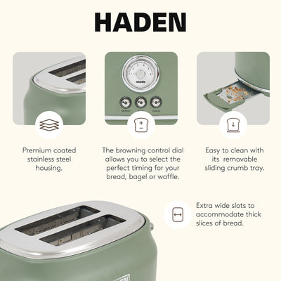 Haden Dorset 2 Slice Wide Slot Stainless Steel Toaster, Cedar Green & Chrome - VMInnovations