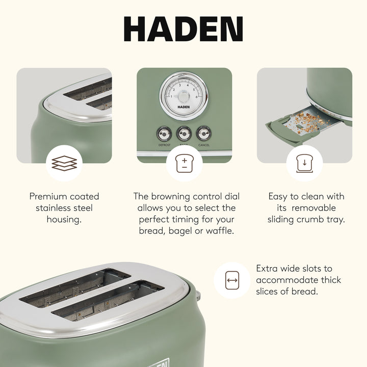 Haden Dorset 2 Slice Wide Slot Stainless Steel Toaster, Cedar Green & Chrome