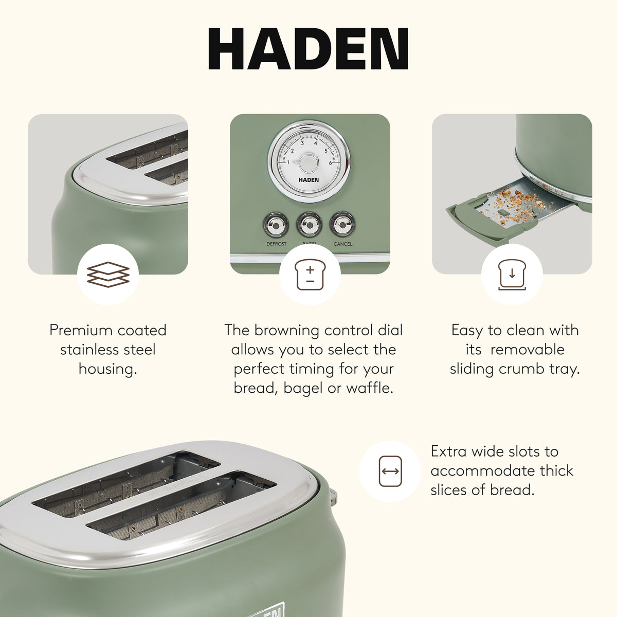 Haden 2 Slice Wide Slot Stainless Steel Toaster, Cedar Green & Chrome (Open Box)