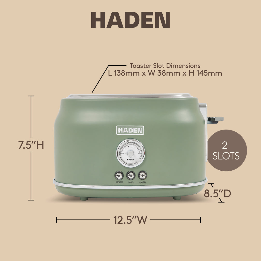 Haden Dorset 2 Slice Wide Slot Stainless Steel Toaster, Cedar Green & Chrome