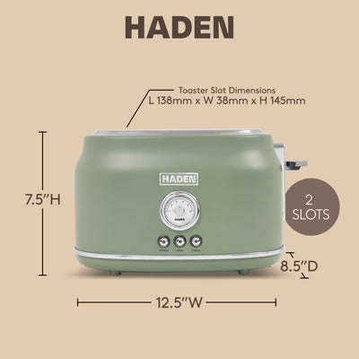 Haden Dorset 2 Slice Wide Slot Stainless Steel Toaster, Cedar Green & Chrome - VMInnovations