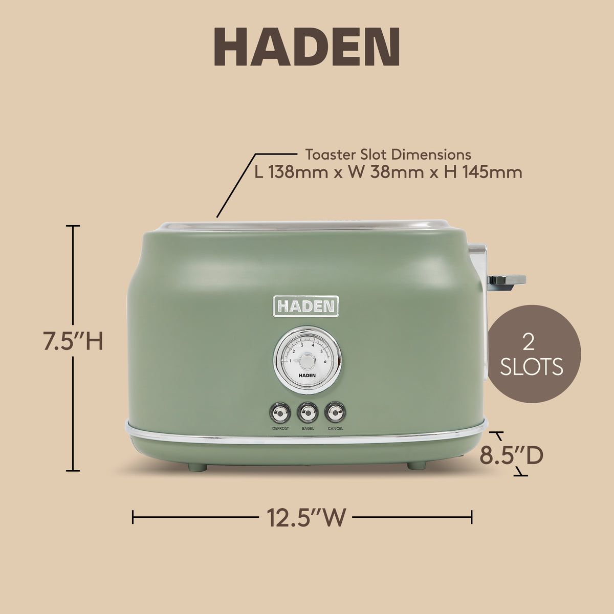 Haden 2 Slice Wide Slot Stainless Steel Toaster, Cedar Green & Chrome (Open Box)