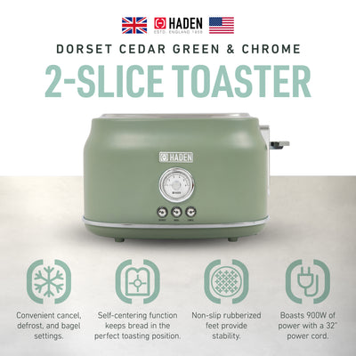 Haden 2 Slice Wide Slot Stainless Steel Toaster, Cedar Green & Chrome (Used)