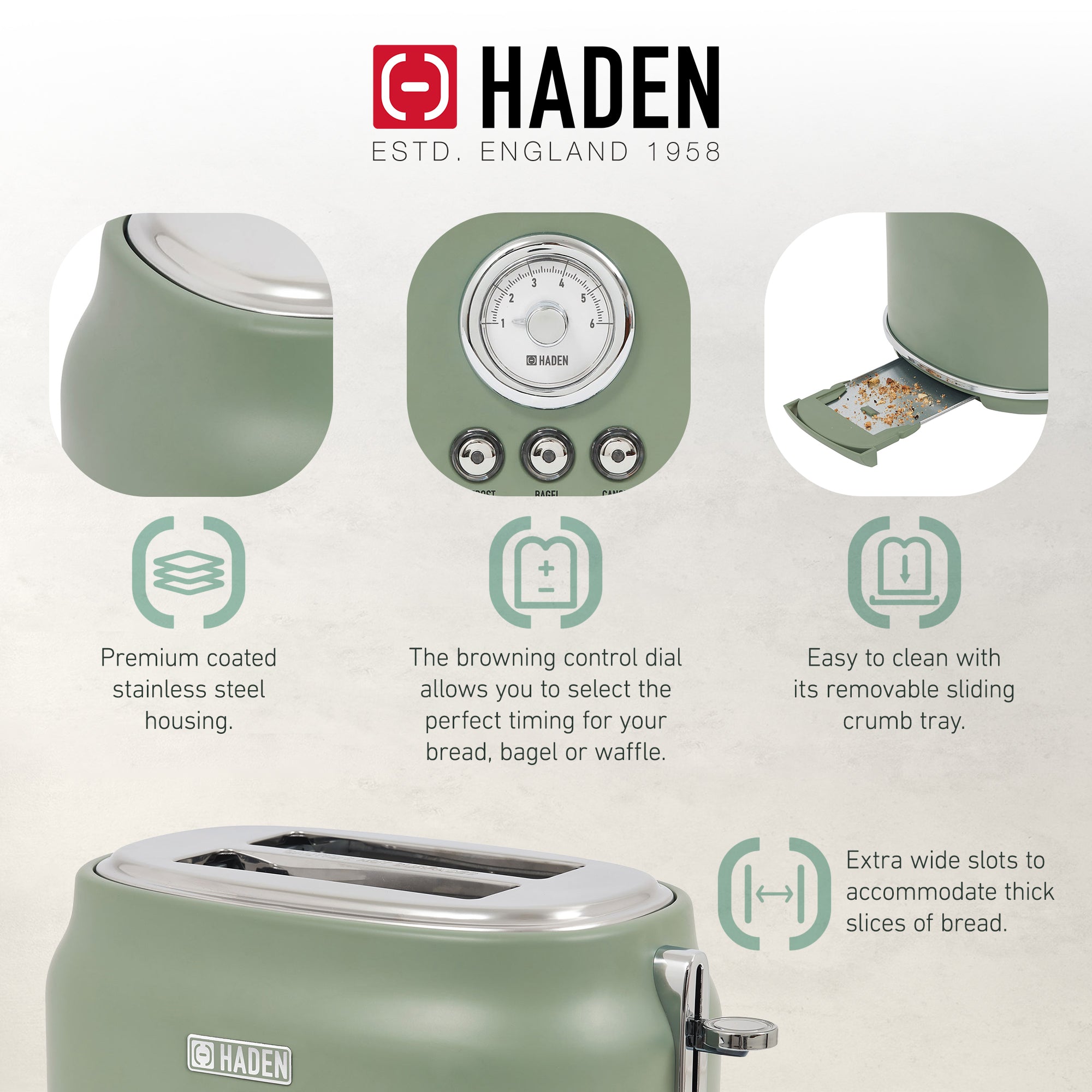 Haden 2 Slice Wide Slot Stainless Steel Toaster, Cedar Green & Chrome (Used)