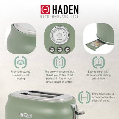 Haden 2 Slice Wide Slot Stainless Steel Toaster, Cedar Green & Chrome (Used)