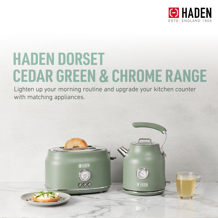 Haden Dorset 2 Slice Wide Slot Stainless Steel Toaster, Cedar Green & Chrome