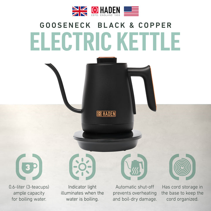 Haden Electric Tea Kettle, Gooseneck, 0.6L Teapot, Black/Copper (Open Box)