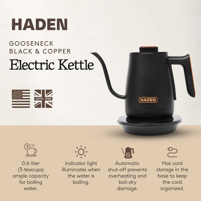 Haden Electric Tea Kettle, Gooseneck Hot Water Boiler, 0.6L Teapot, Black/Copper - VMInnovations