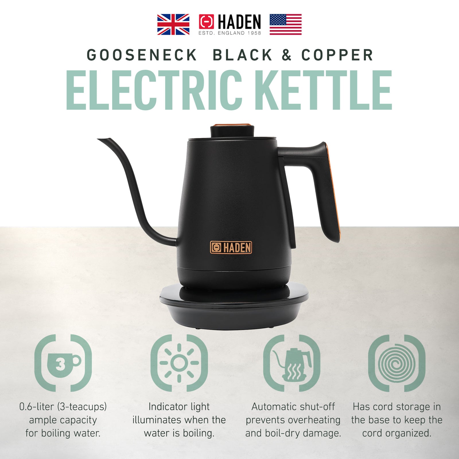 Haden Electric Tea Kettle, Gooseneck Hot Water Boiler, 0.6L Teapot, Black/Copper - VMInnovations