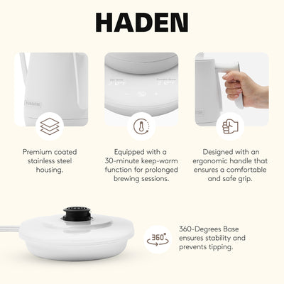 Haden Electric Tea Kettle, Gooseneck Hot Water Boiler, 0.6L Teapot, Ivory/Chrome - VMInnovations