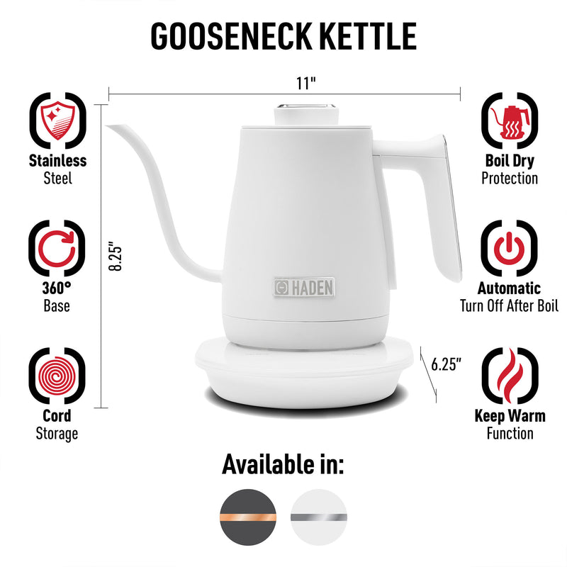 Haden Electric Tea Kettle, Gooseneck Hot Water Boiler, 0.6L Teapot, Ivory/Chrome