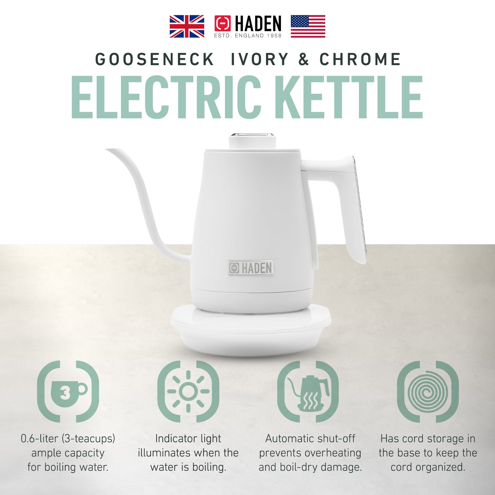 Haden Electric Tea Kettle, Gooseneck Hot Water Boiler, 0.6L Teapot, Ivory/Chrome - VMInnovations