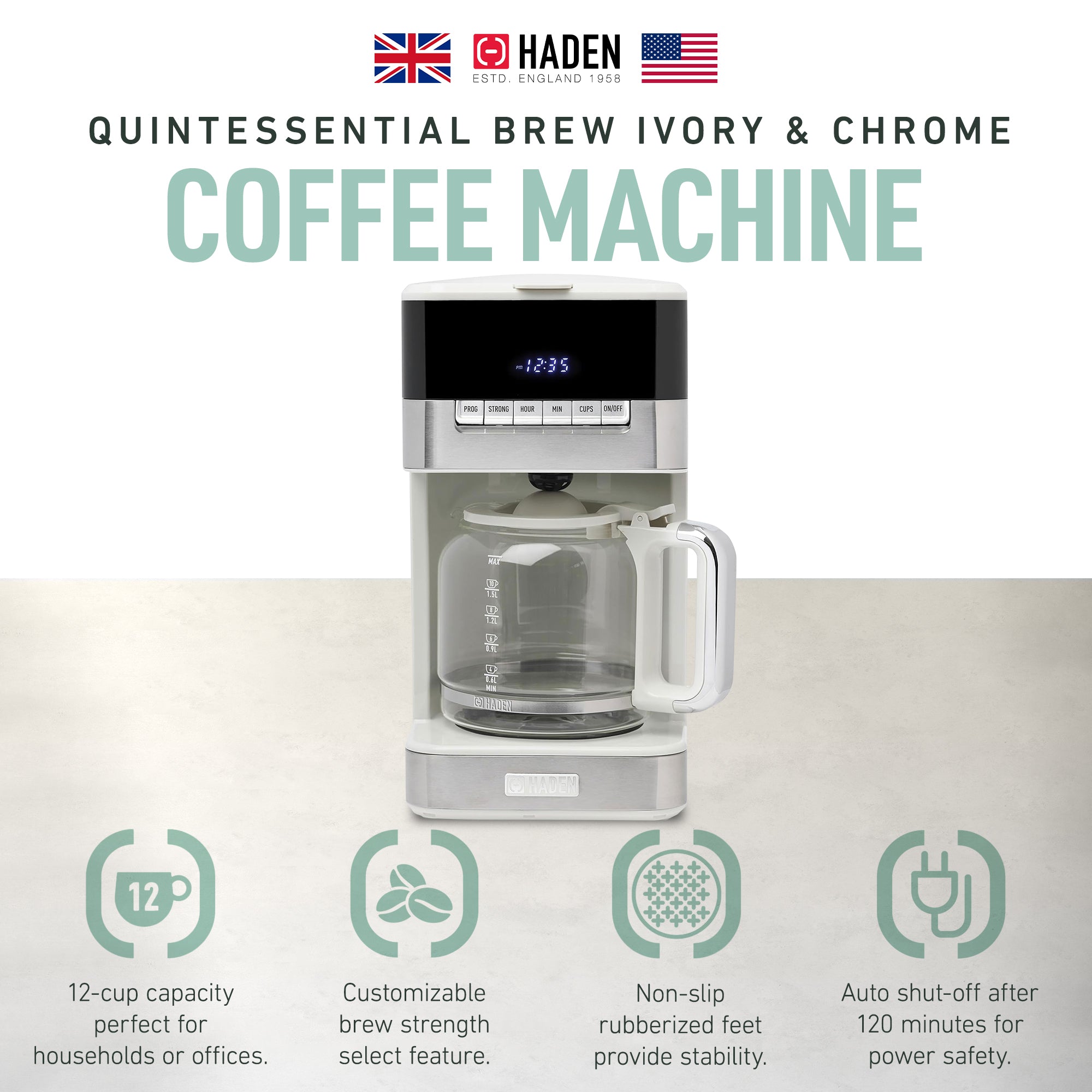 Haden 12 Cup Programmable Digital Coffee Maker, Ivory/Chrome (Open Box) - VMInnovations