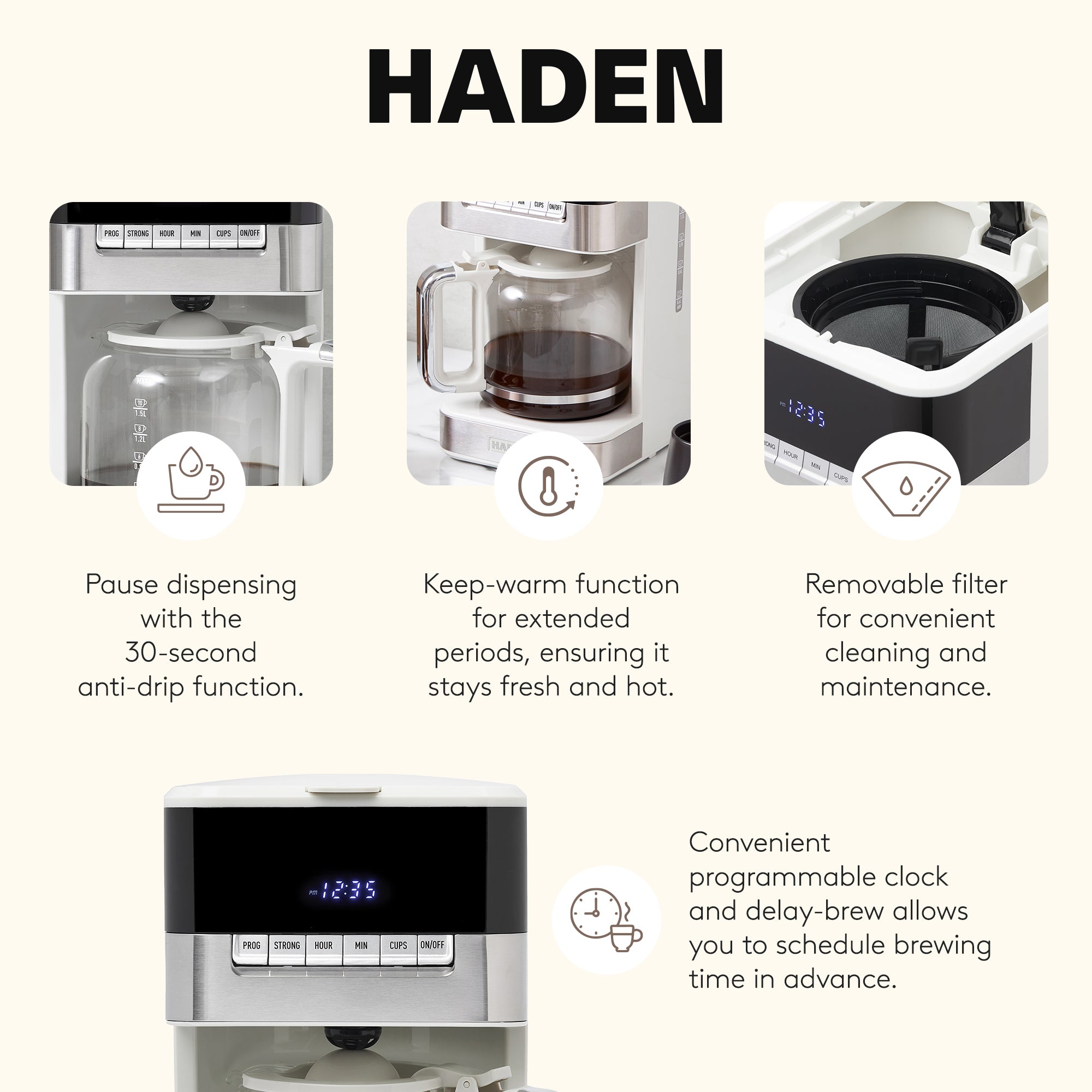 Haden Quintessential 12 Cup Programmable Digital Coffee Maker, Ivory/Chrome - VMInnovations