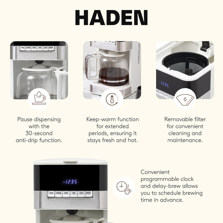 Haden Quintessential 12 Cup Programmable Digital Coffee Maker, Ivory/Chrome
