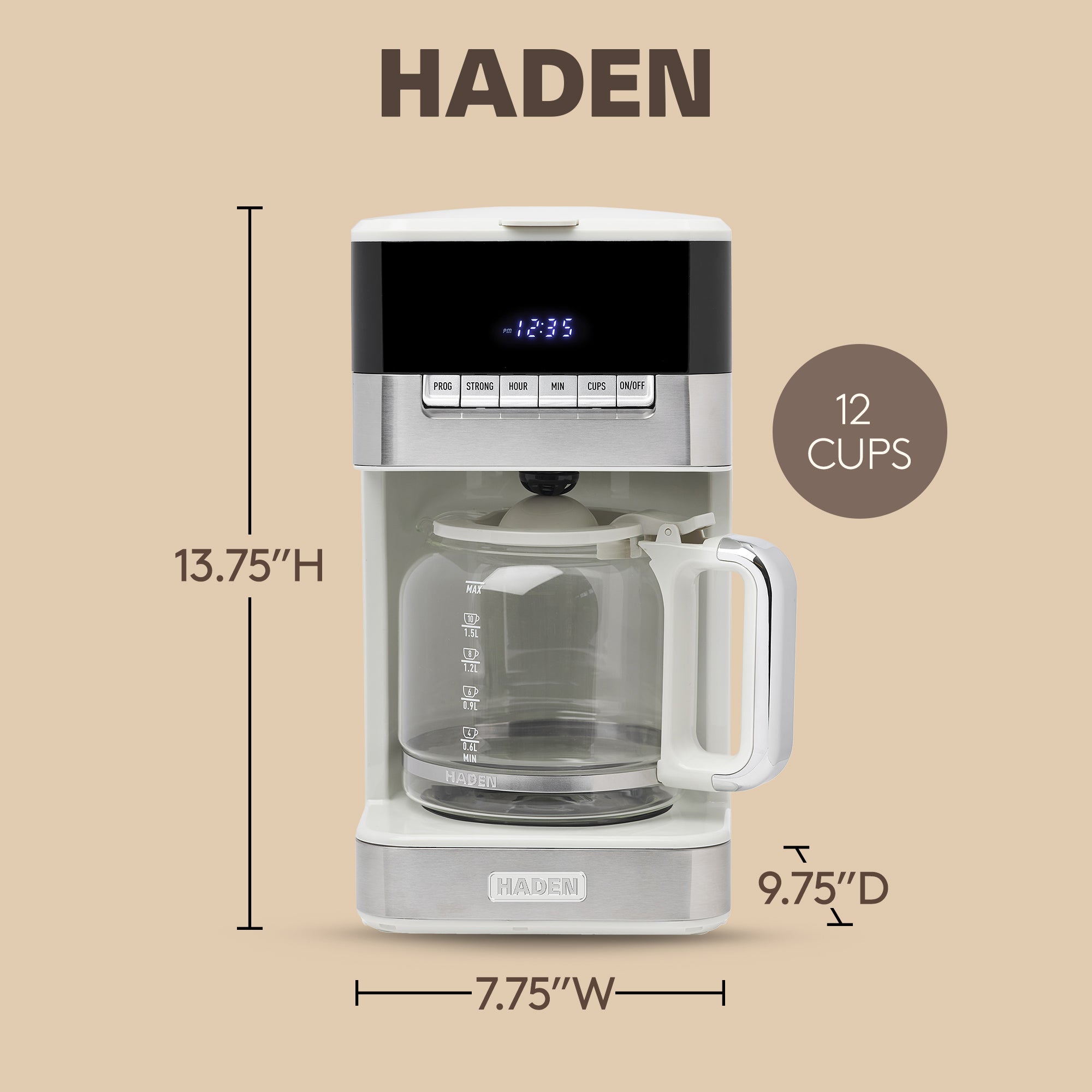 Haden Quintessential 12 Cup Programmable Digital Coffee Maker, Ivory/Chrome - VMInnovations