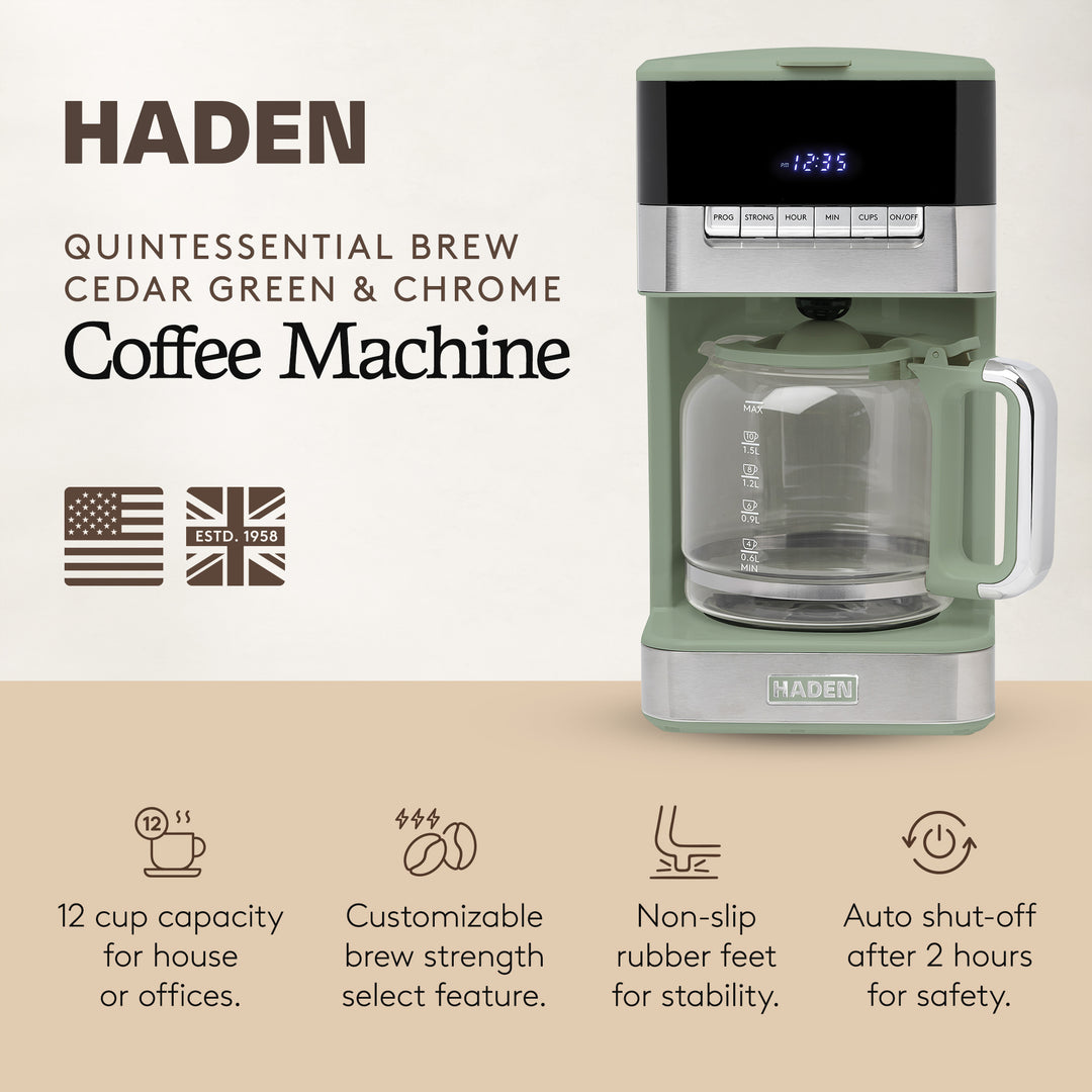 Haden Programmable Drip Coffee Maker, 12 Cup Cafe Machine & Carafe, Green/Chrome