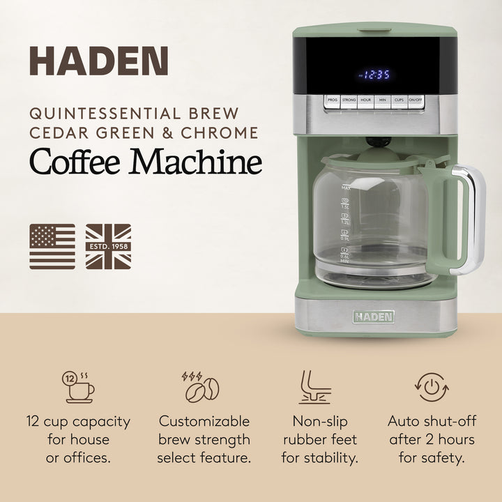 Haden Programmable Drip Coffee Maker, 12 Cup Cafe Machine & Carafe, Green/Chrome