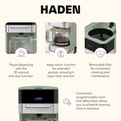 Haden Programmable Drip Coffee Maker, 12 Cup Cafe Machine & Carafe, Green/Chrome - VMInnovations