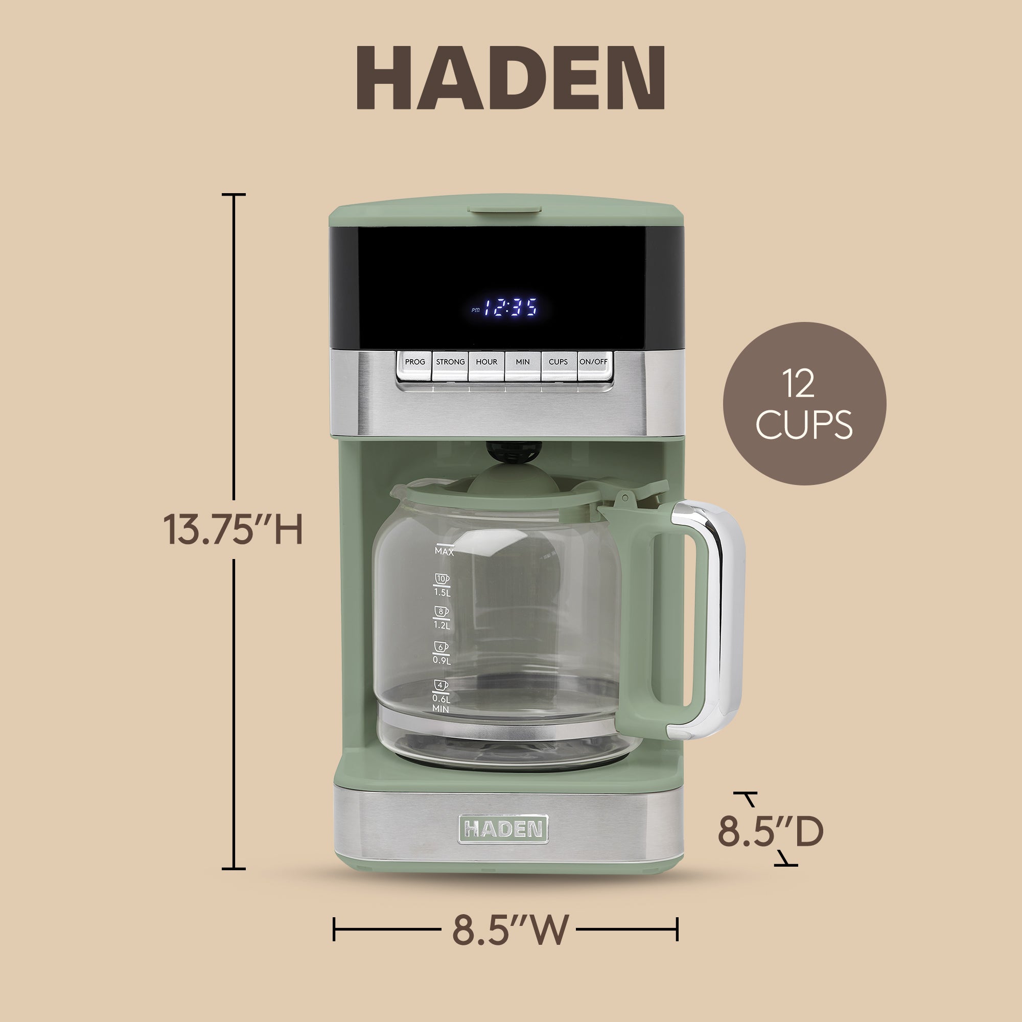 Haden Programmable Drip Coffee Maker, 12 Cup Cafe Machine & Carafe, Green/Chrome - VMInnovations
