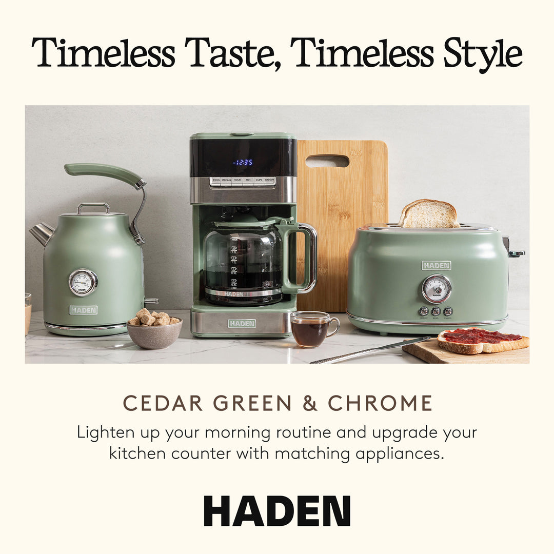 Haden Programmable Drip Coffee Maker, 12 Cup Cafe Machine & Carafe, Green/Chrome