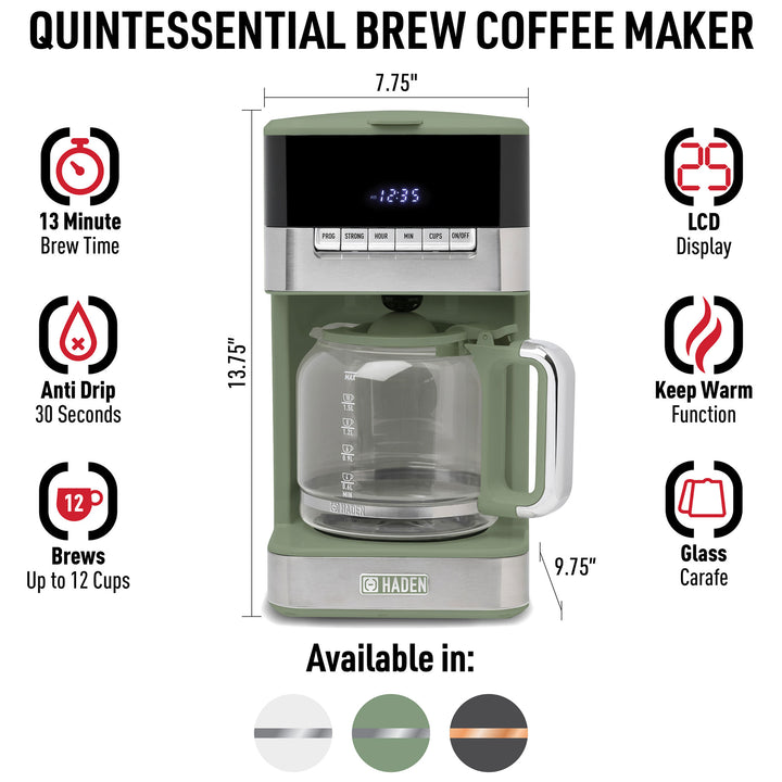 Haden Drip Coffee Maker, 12 Cup Cafe Machine & Carafe, Green/Chrome (Open Box) - VMInnovations