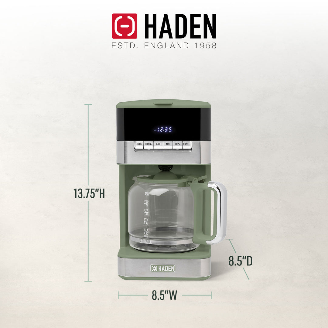 Haden Programmable Drip Coffee Maker, 12 Cup Cafe Machine & Carafe, Green/Chrome